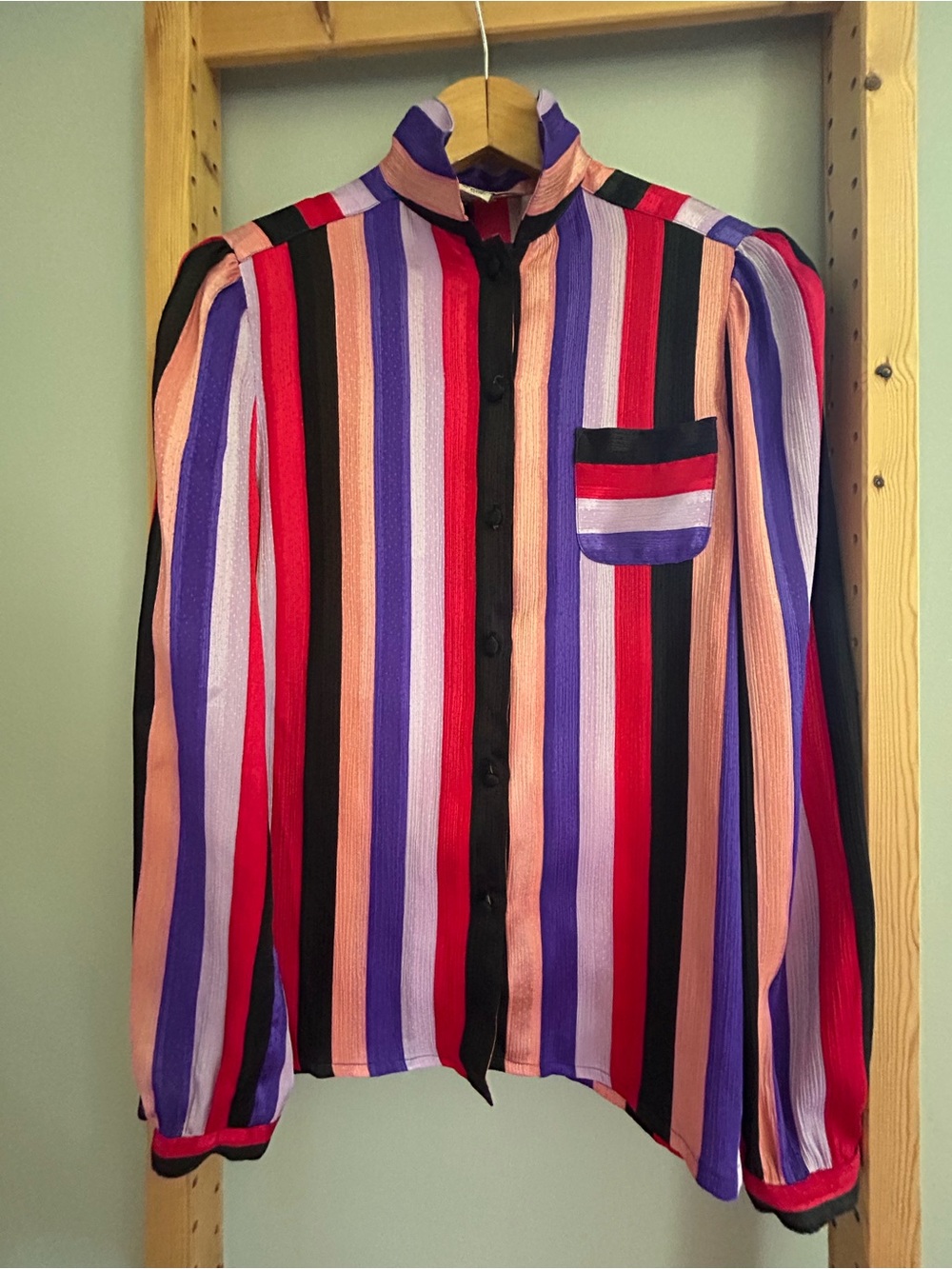 Women’s Striped Multi-Color Button-Front Blouse Sz 4 Purple Pink Red & Black
